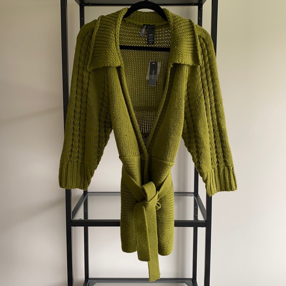 Bisou Bisou Green Chunky Collared Tie Waist Knit One-Button 3/4 Sleeve Cardigan